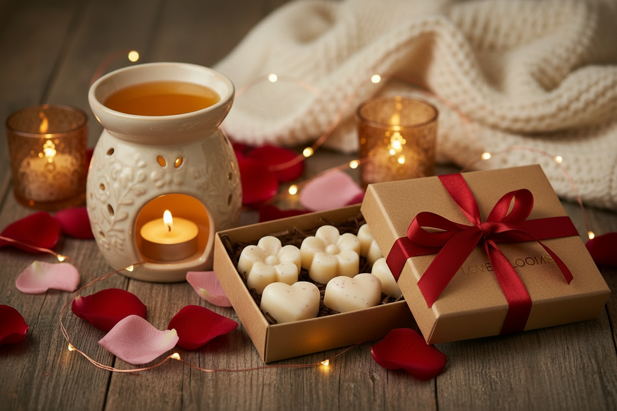 Coffret romantique fondants parfumés Saint-Valentin 2026 avec brûle-parfum et pétales de rose